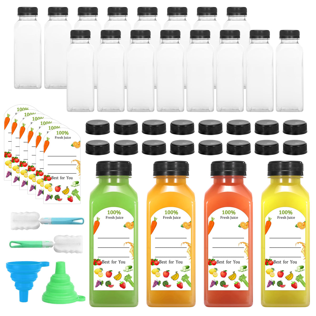 HEWASME 30Pcs 12oz bottles, clear view to show vibrant juice colors.