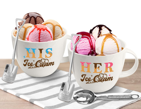 Hexagram ice cream bowl set front view with scoop and shovel for couples