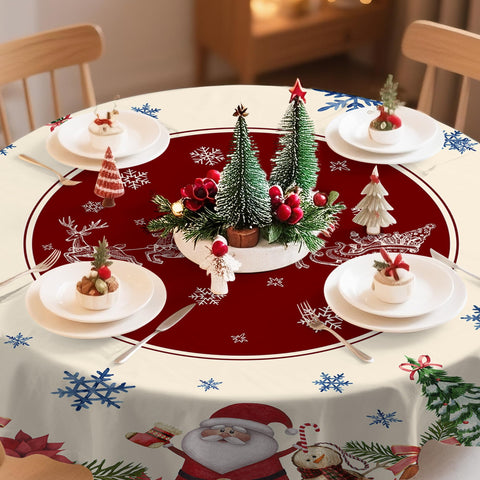 Hexagram round Christmas tablecloth Christmas tree design enhances cozy seasonal tablescape.