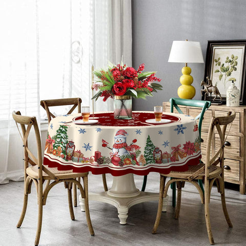 Hexagram round Christmas tablecloth closeup polyester fabric highlights durable, easy-care surface.