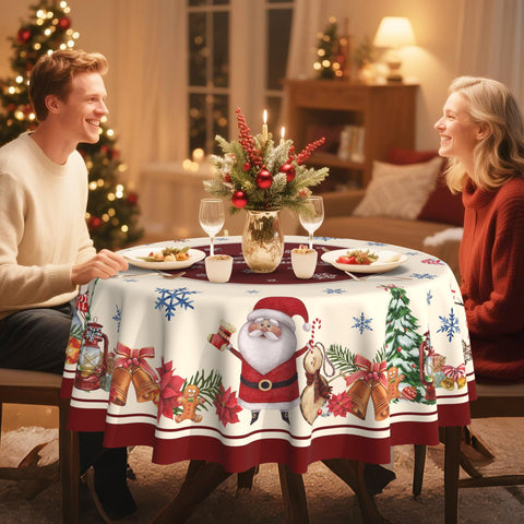 Hexagram round Christmas tablecloth dining table setting ready for holiday meals.
