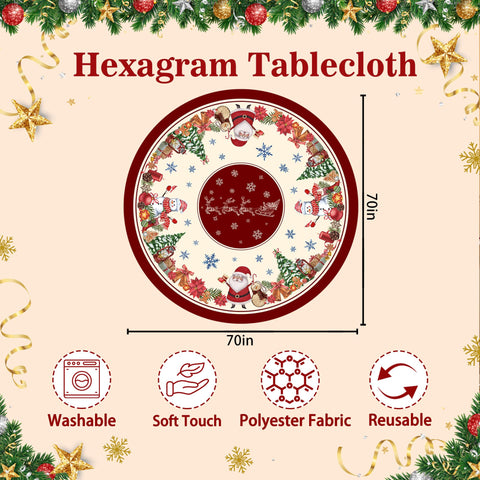 Hexagram round Christmas tablecloth Santa pattern creates a warm holiday centerpiece.