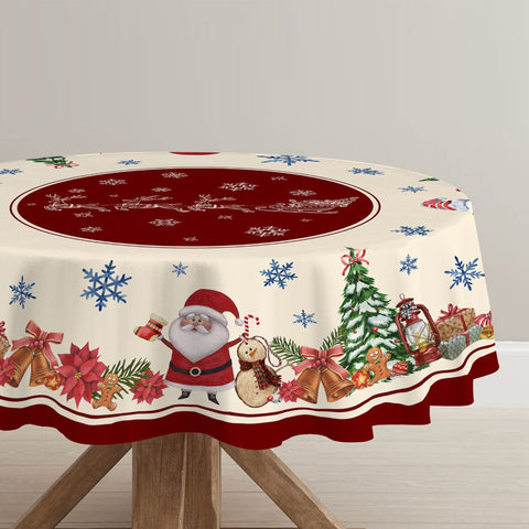 Hexagram round Christmas tablecloth winter scene brings inviting ambiance to dining settings.