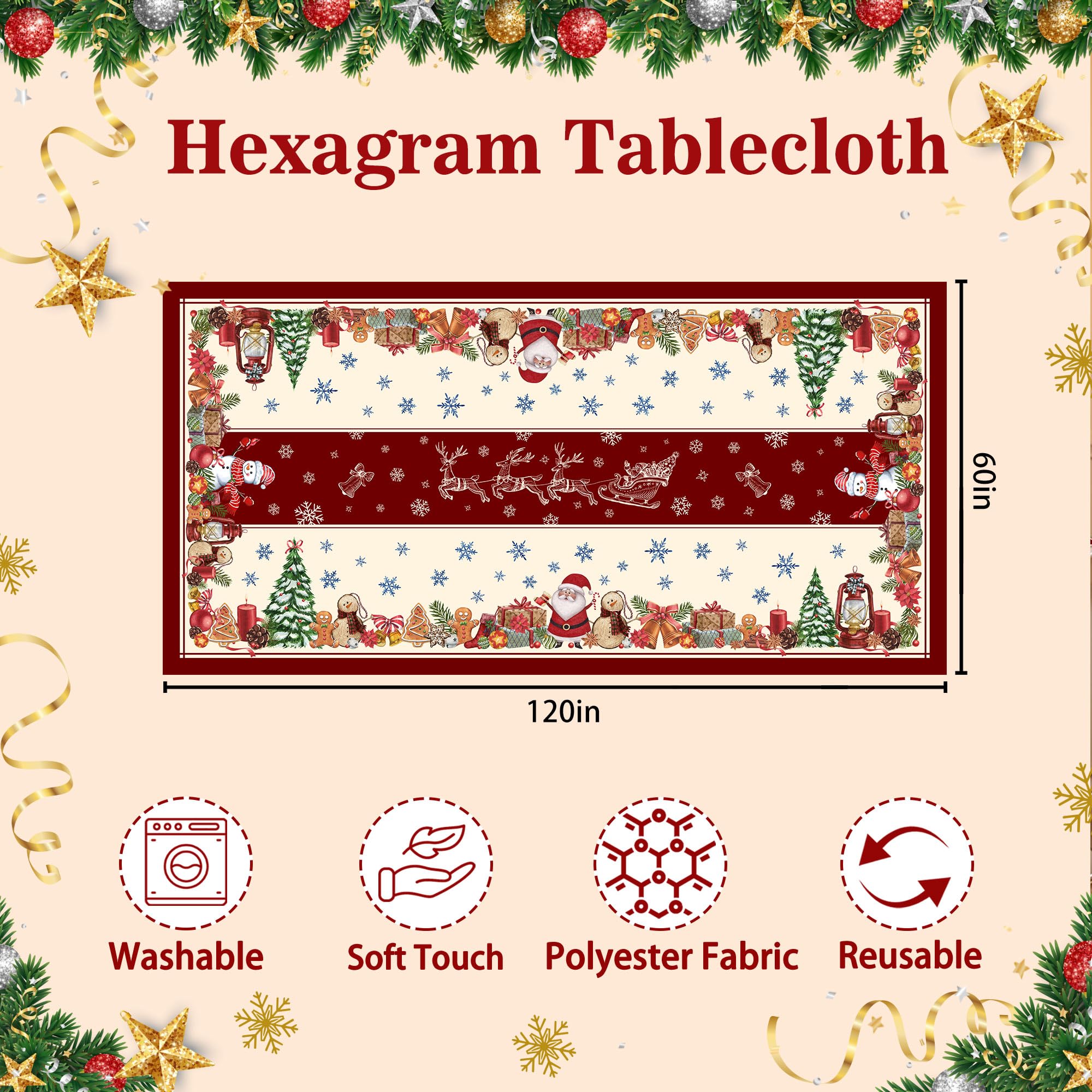 Hexagram Santa tablecloth rectangular 60x120 creates a cheerful Christmas centerpiece.