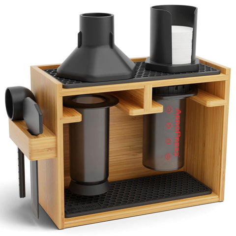 HEXNUB bamboo aeropress organizer keeps your kit neat and within reach.