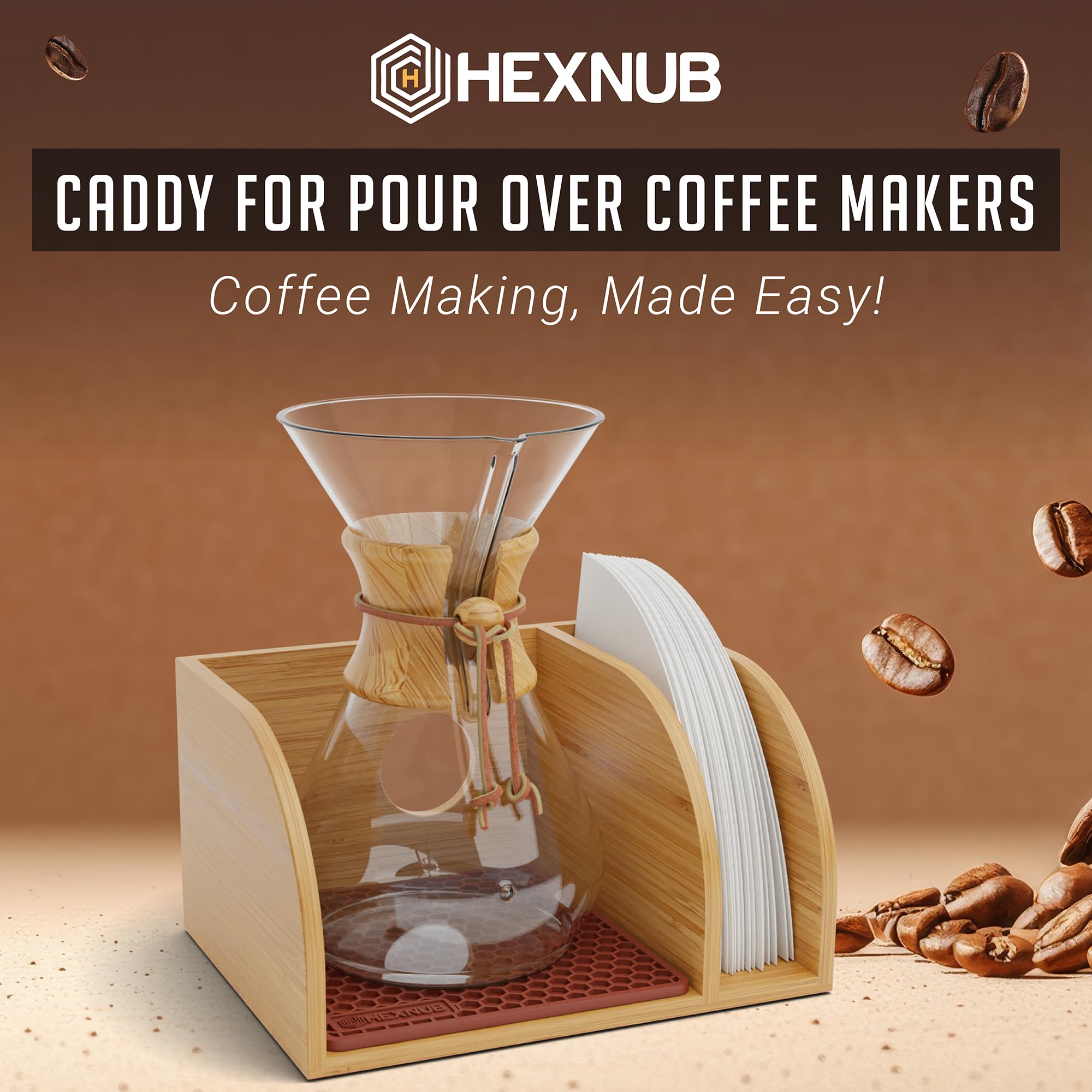 HEXNUB Bamboo Caddy compatibility view with Chemex, Bodum, Cosori