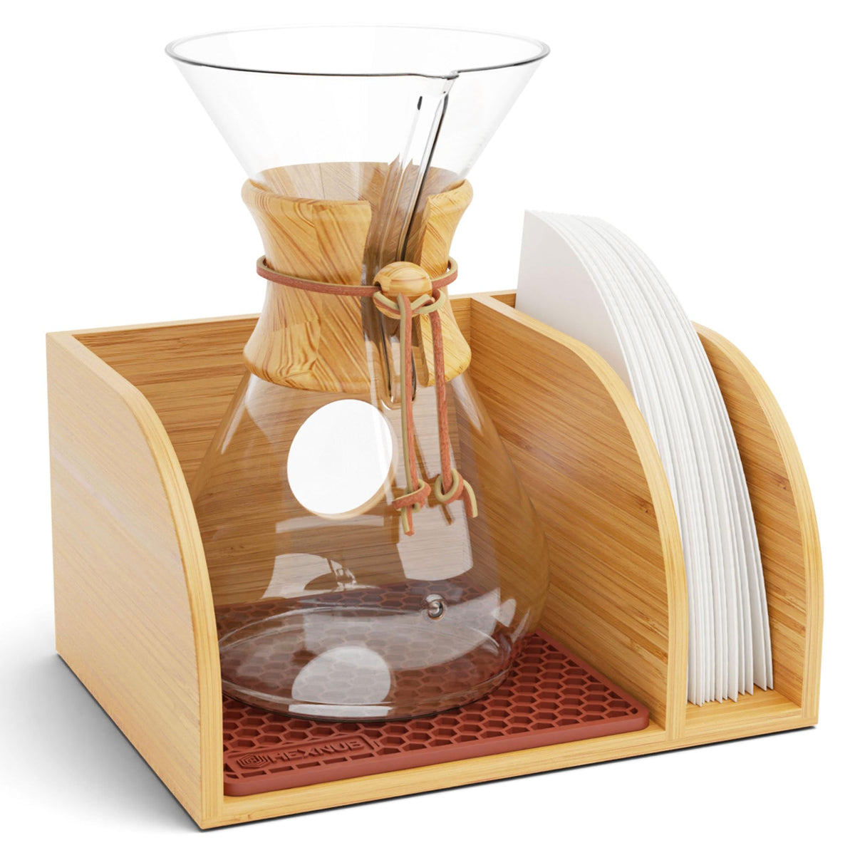 HEXNUB Bamboo Caddy main view shows organized coffee setup on counter