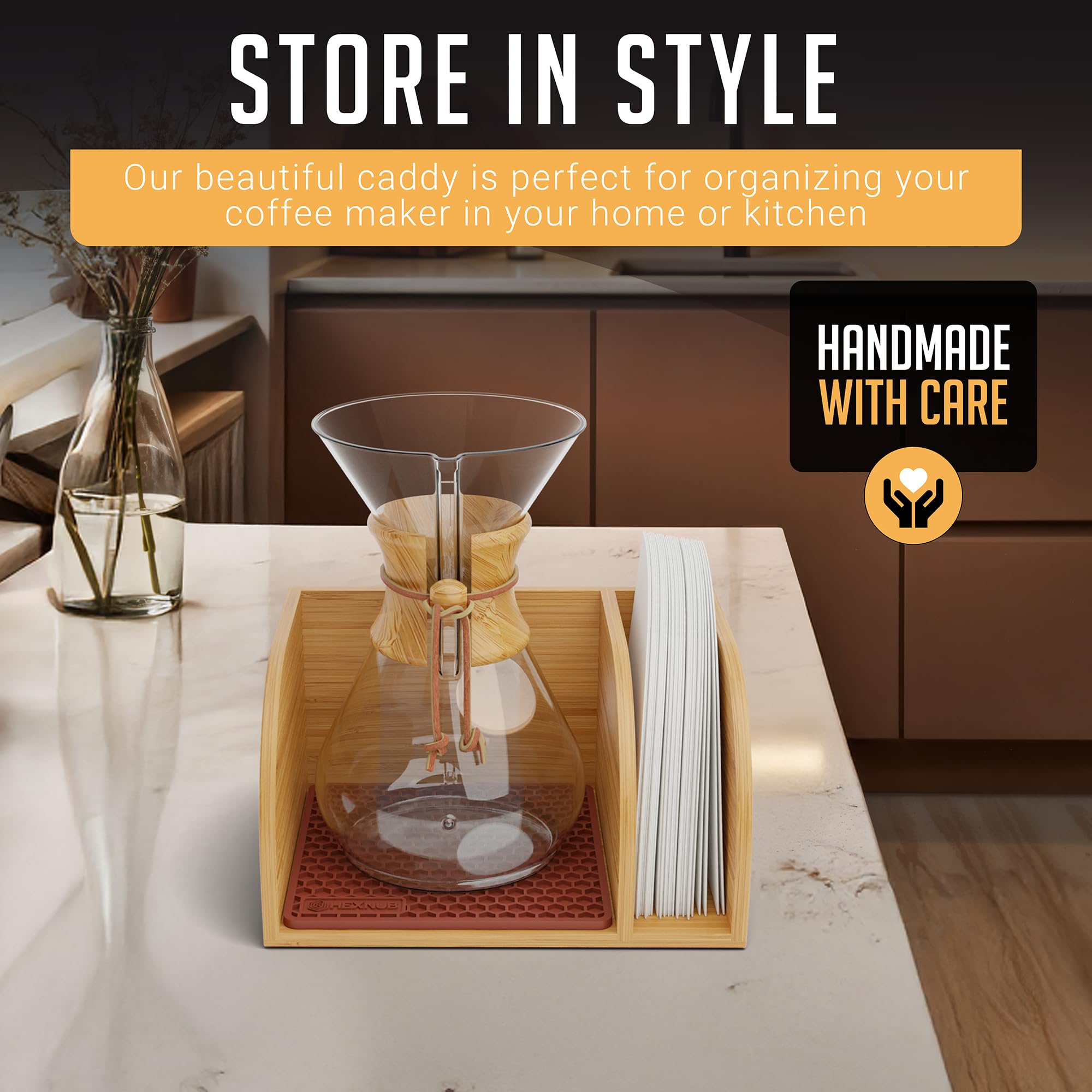 HEXNUB Bamboo Caddy silicone drip pad catches spills during brewing