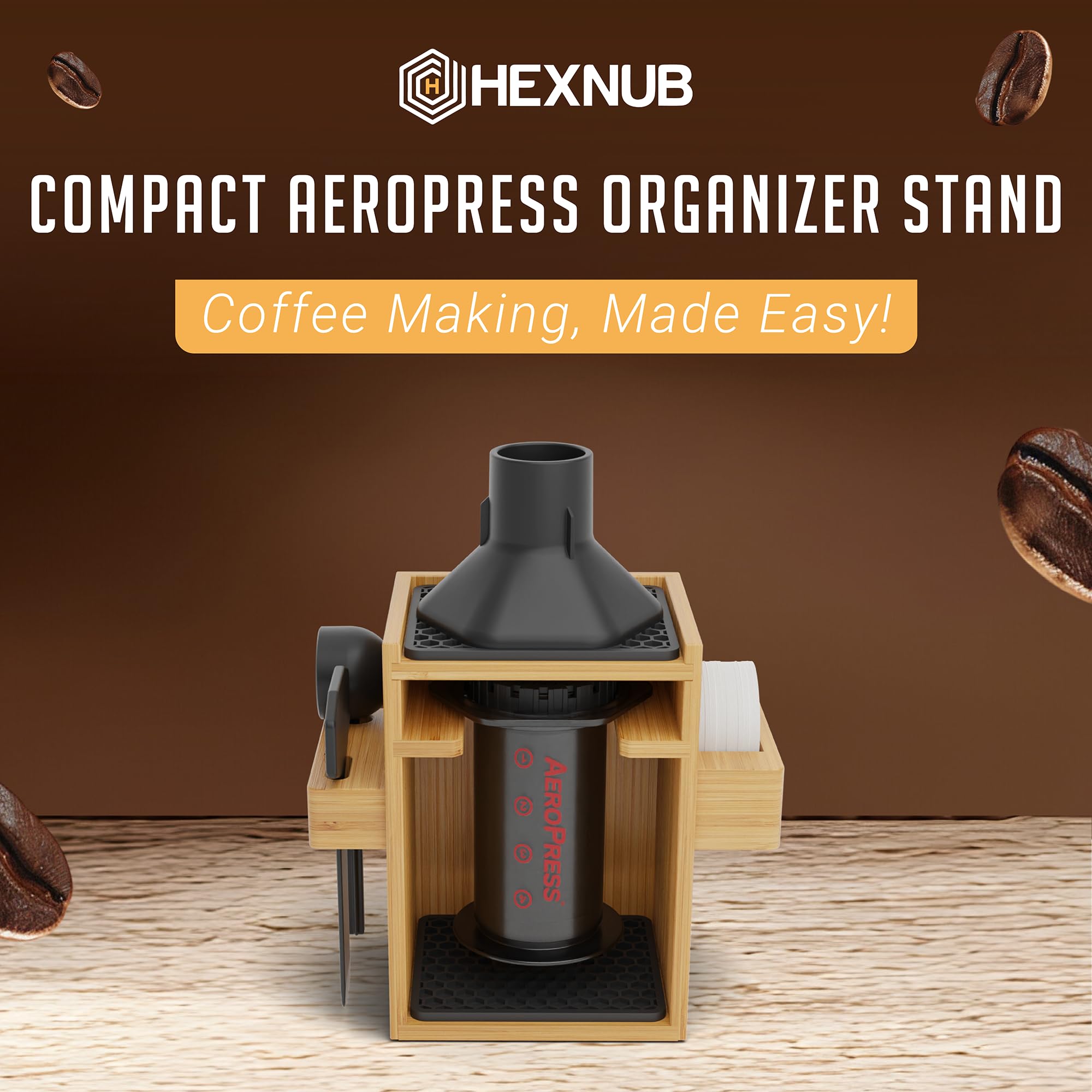 HexNub bamboo coffee caddy for AeroPress accessories keeps cups and tools organized