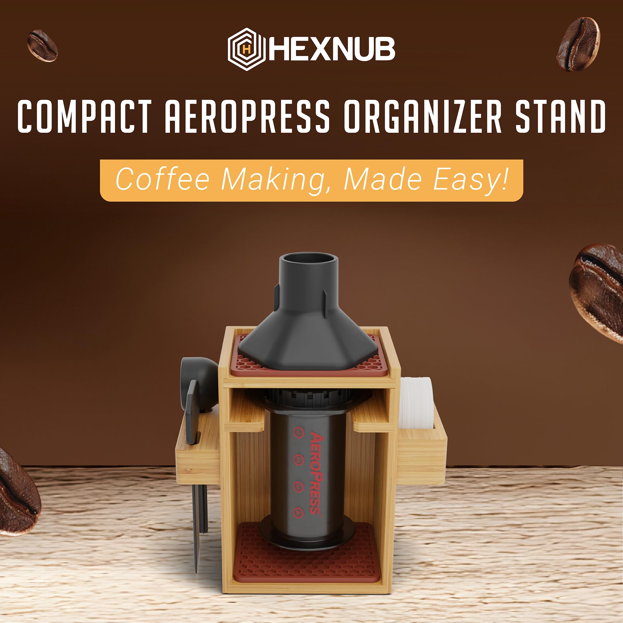 HEXNUB bamboo coffee caddy stores AeroPress accessories with warm, natural appeal.