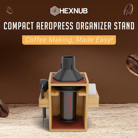 HEXNUB bamboo coffee caddy stores AeroPress accessories with warm, natural appeal.