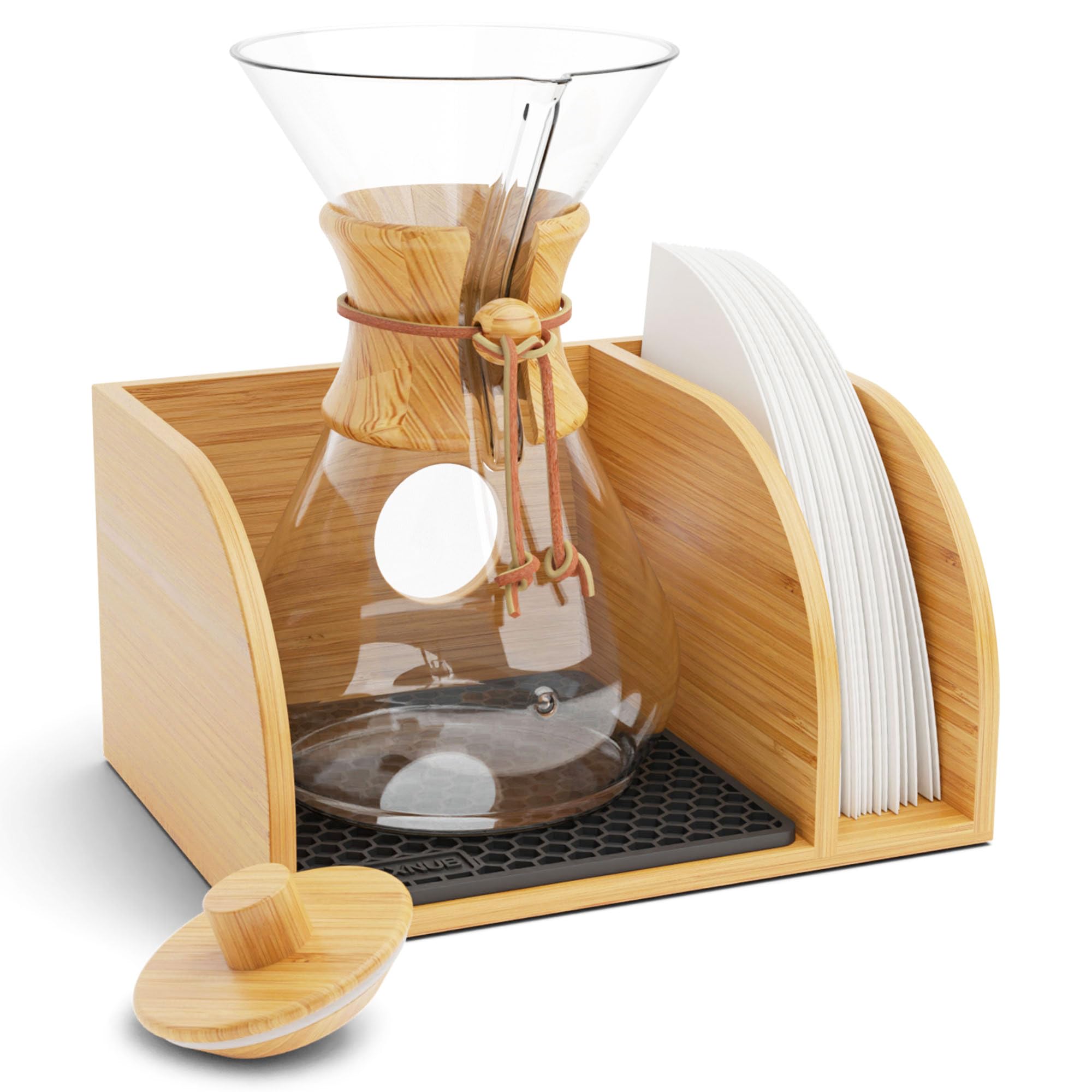 HEXNUB caddy stand on countertop keeps coffee gear organized and accessible.