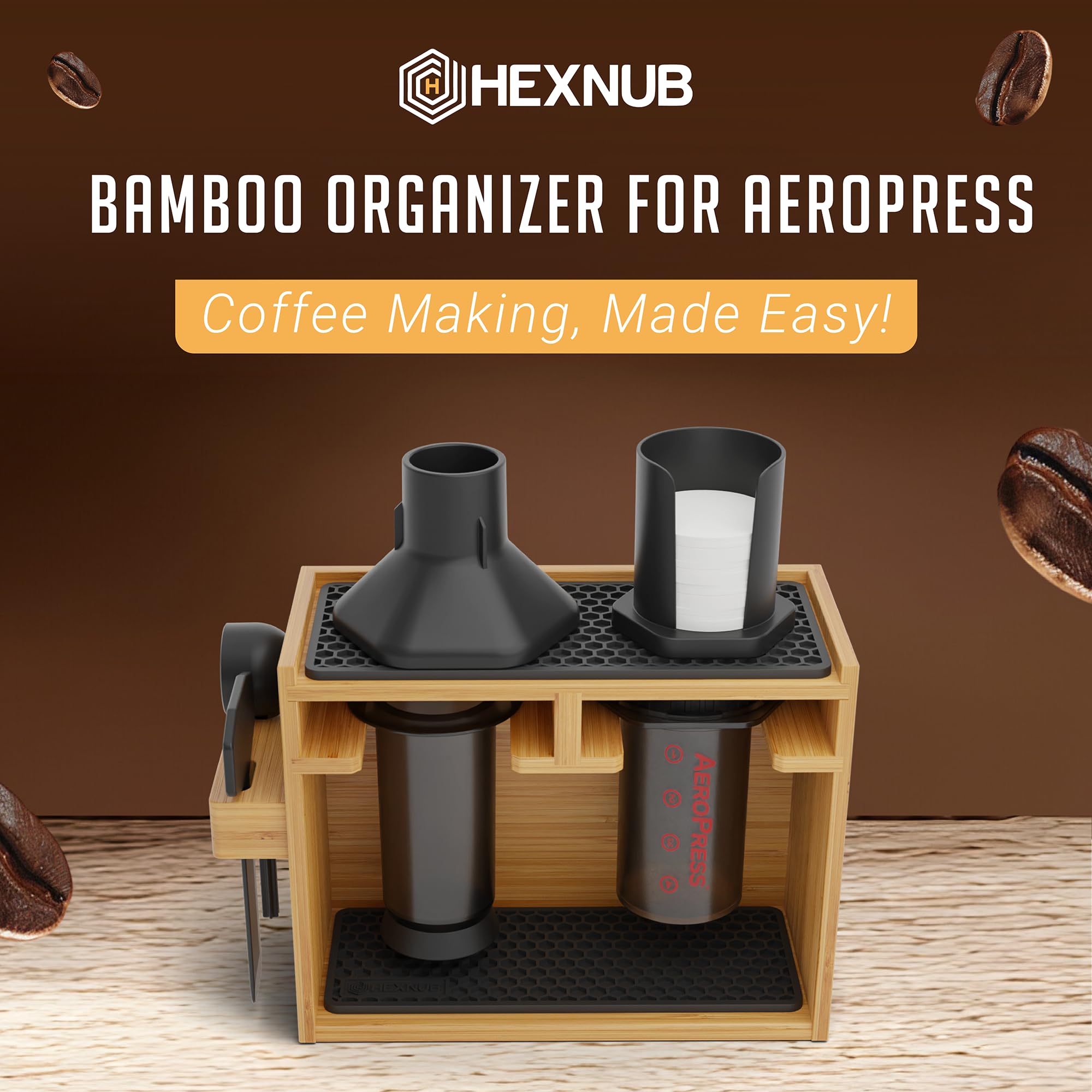 HEXNUB coffee caddy station organizes filters, scoop, and cups for easy access.