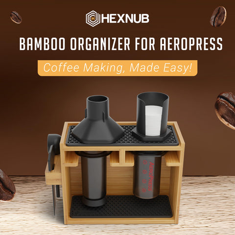 HEXNUB coffee caddy station organizes filters, scoop, and cups for easy access.