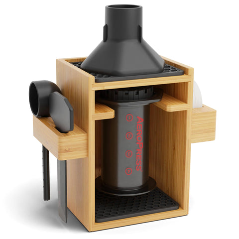 HexNub compact AeroPress organizer in bamboo keeps filters neatly stored and within reach