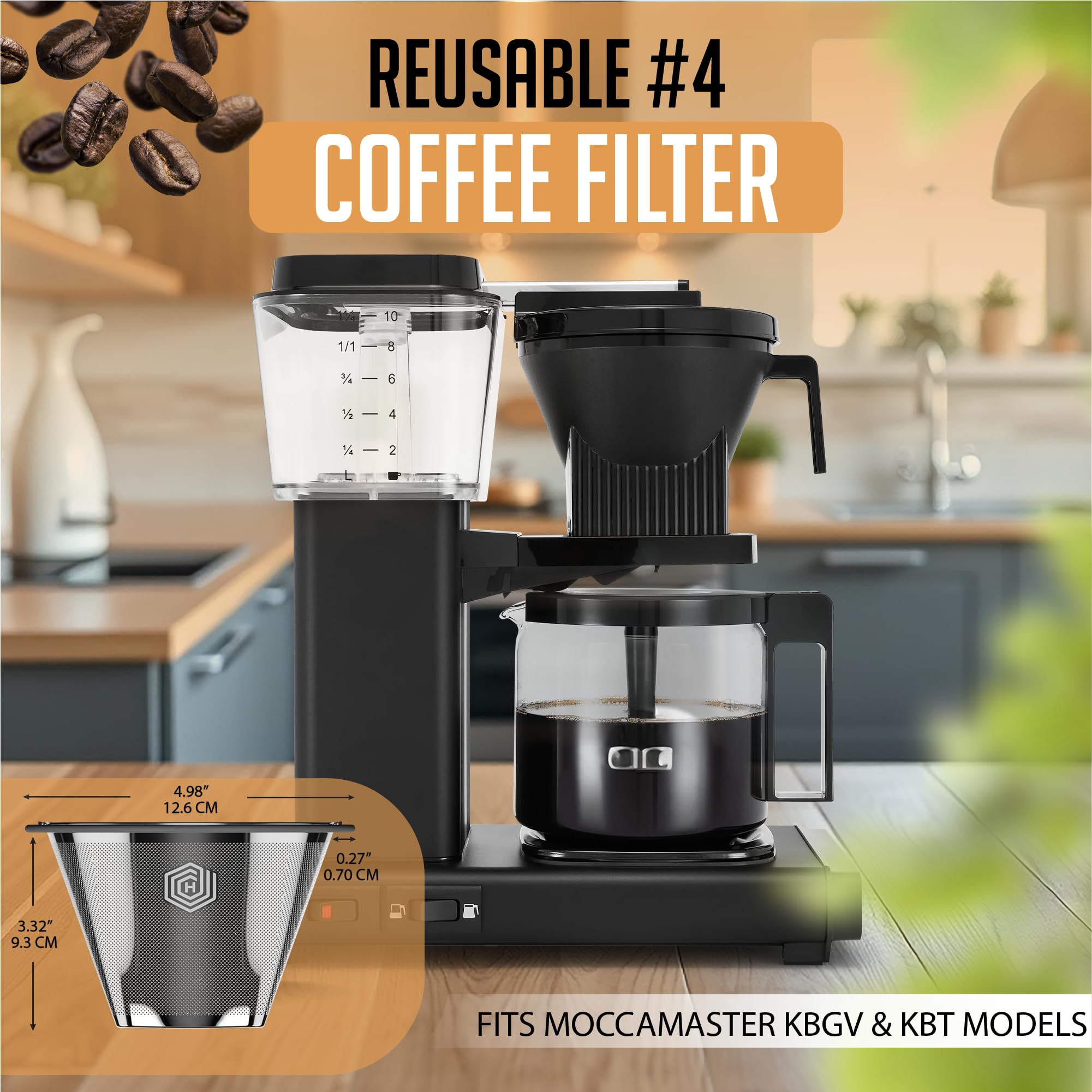HEXNUB reusable filter shows durable 304 stainless steel mesh in a close-up.