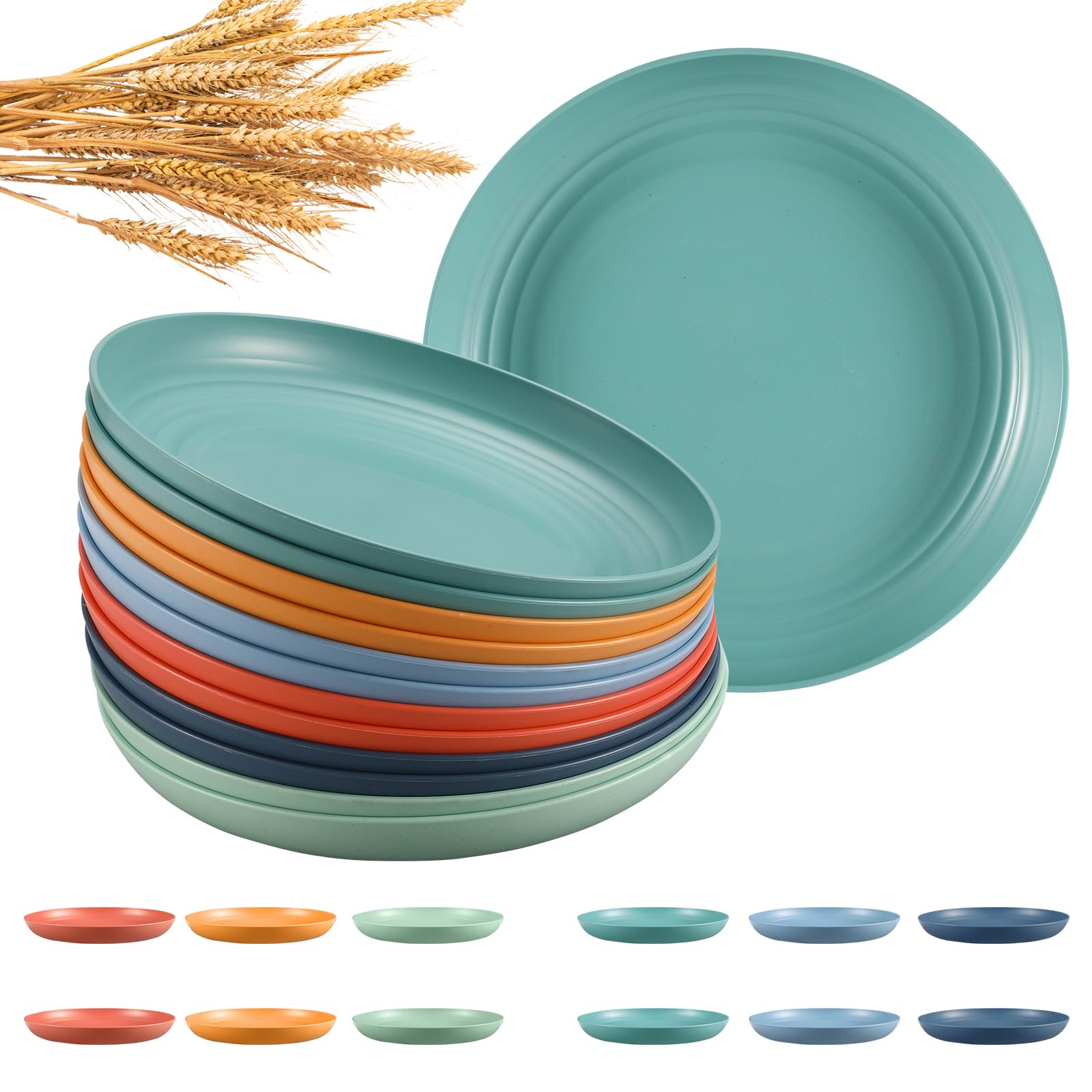 HEYCOME 12-pcs wheat straw plates collection in six colors for versatile dining.