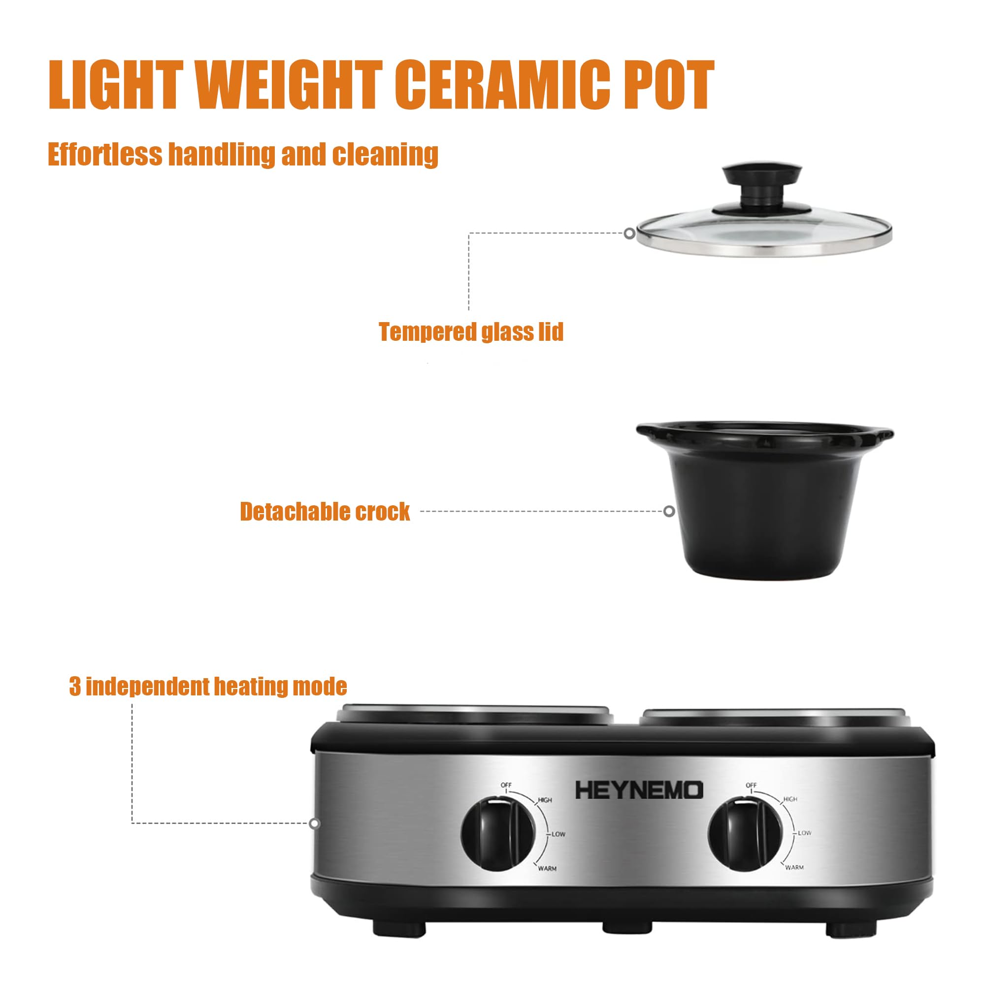 HEYNEMO compact dual crockpot fits small spaces and portable setups.