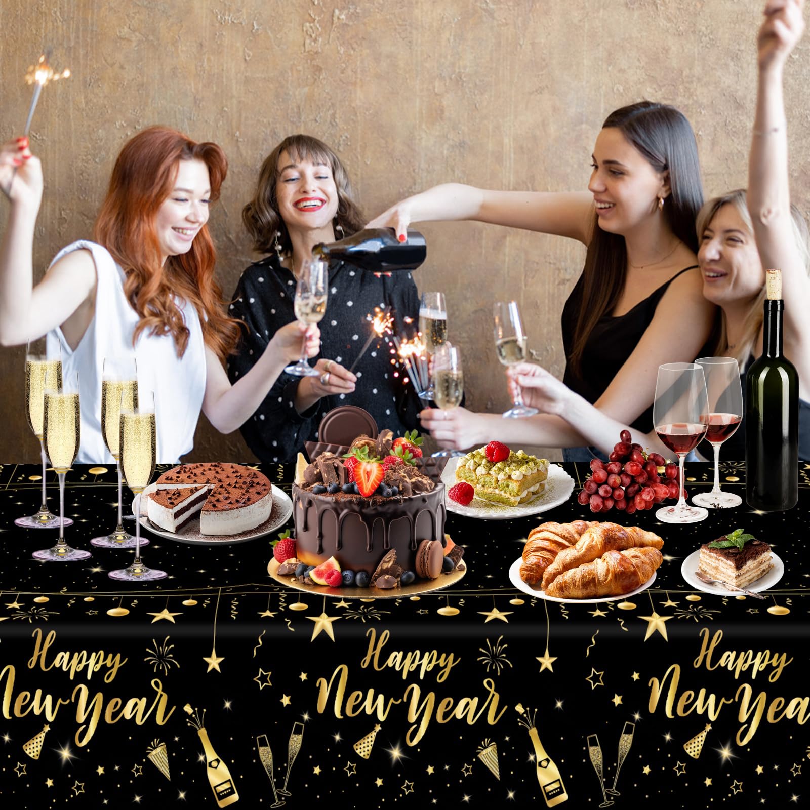 HEYPRIIL 3-pack packaging of black and gold New Year tablecloths