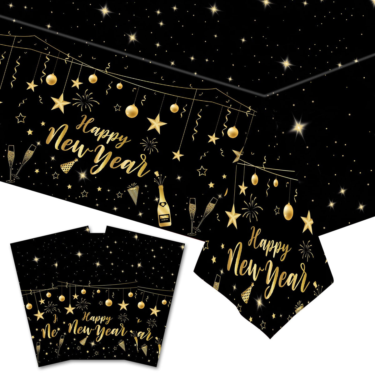 HEYPRIIL 3-pack black and gold New Year tablecloths unfolded on a table for celebration cleanup