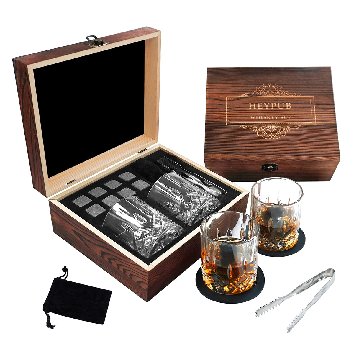 HEYPUB whiskey stones gift box with granite rocks for non-diluted chilling.