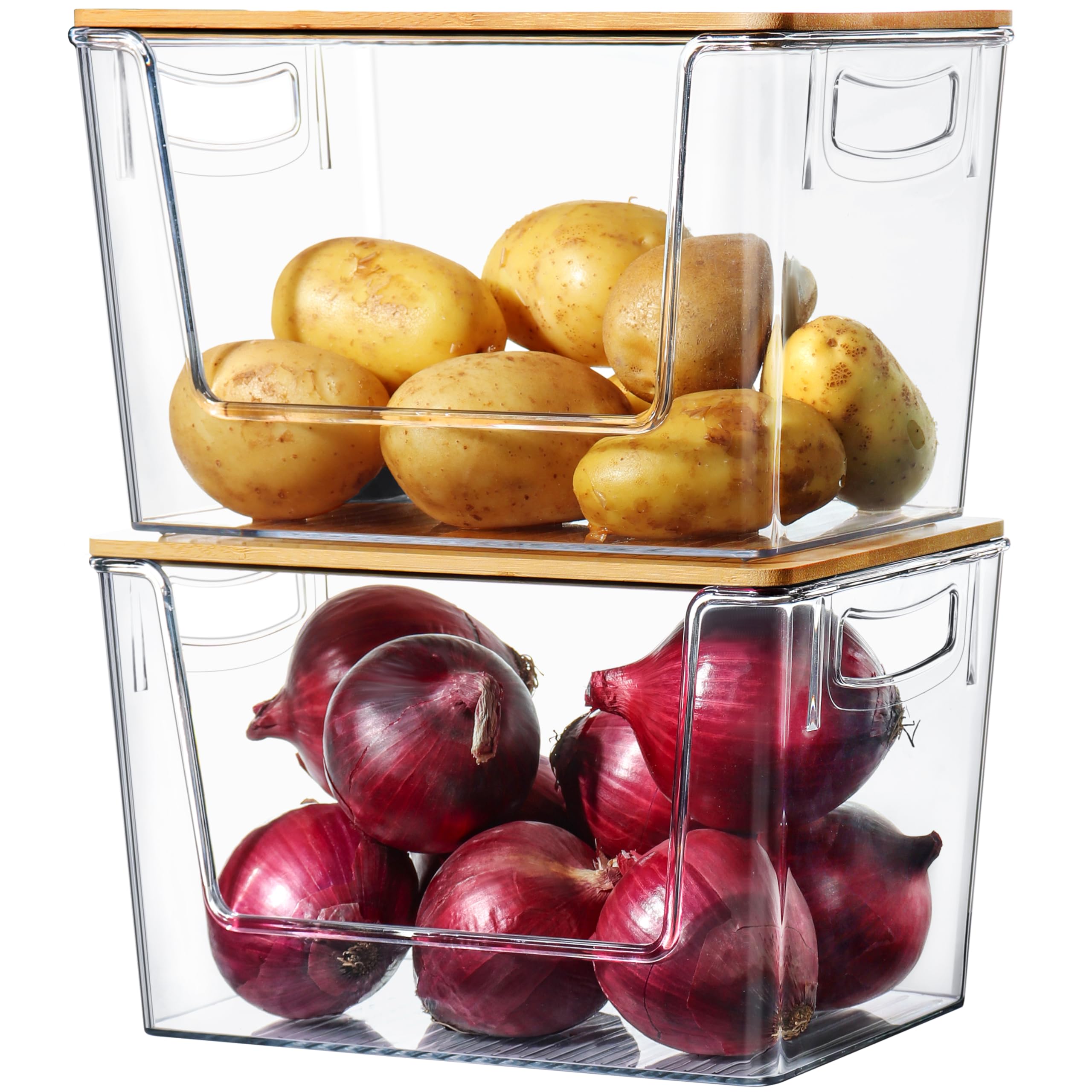 Heyuzb pantry organizer stackable bin on counter saves space and keeps produce visible.