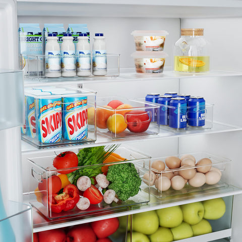 Heyuzb XL freezer bin fits deep shelves with built-in handles for easy pulling.