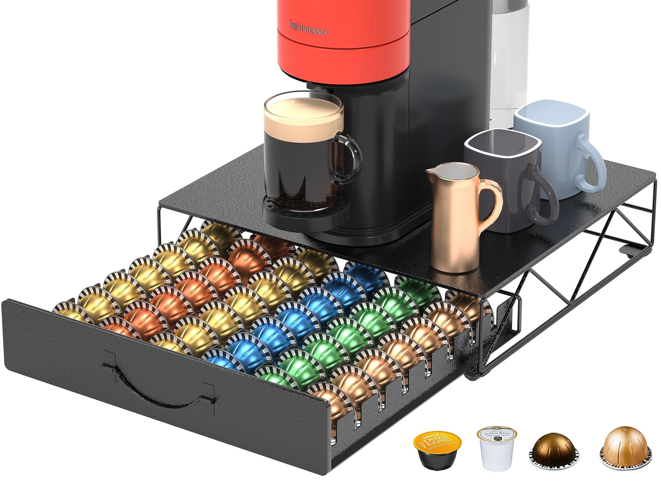 HFHOME coffee pod drawer front view showing tidy Vertuoline storage.