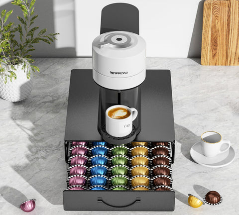 HFHOME drawer open with pods neatly arranged for quick brewing choices.