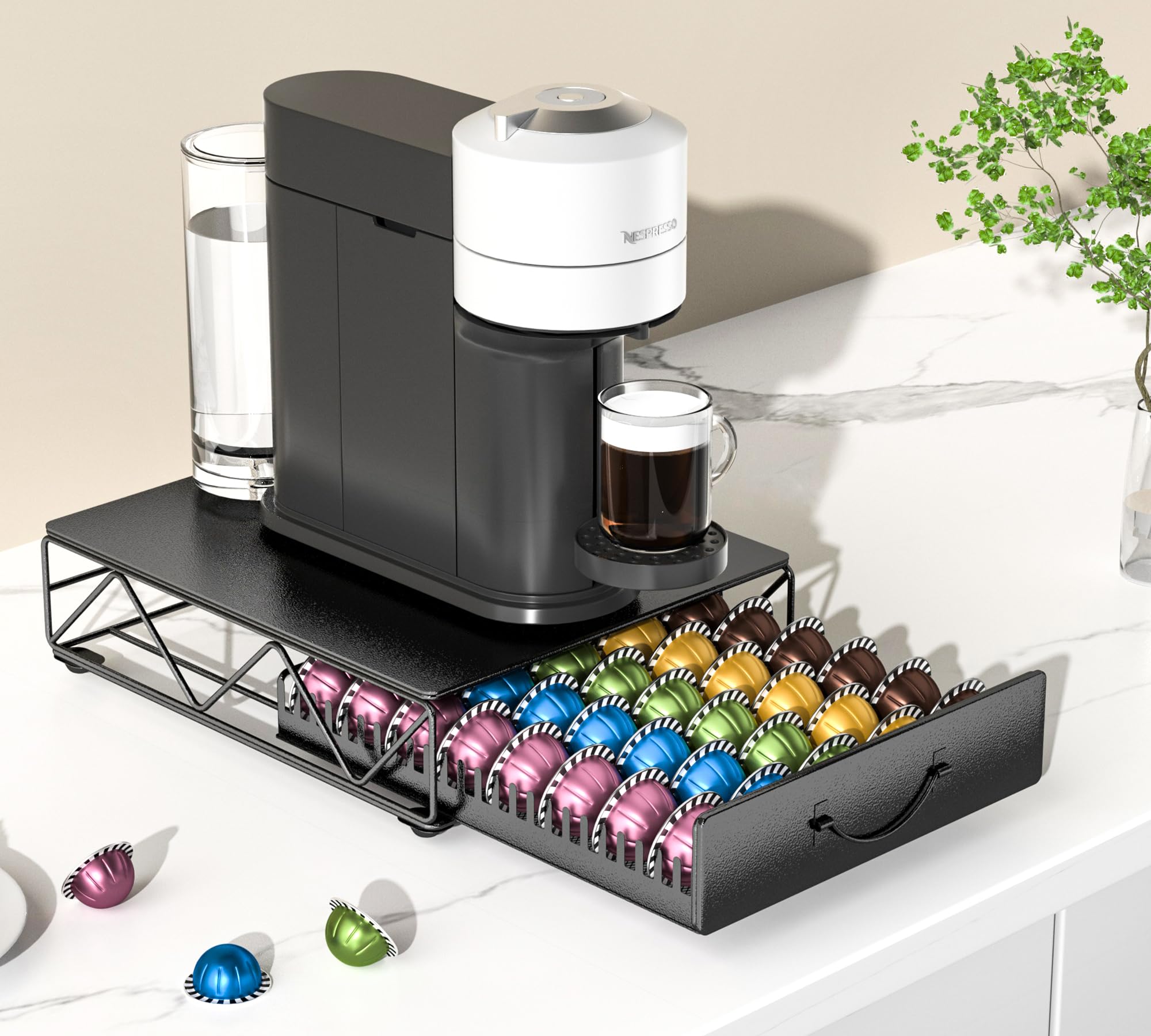 HFHOME VertuoLine pod drawer glide mechanism demonstrated for smooth storage.