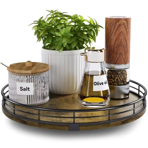 HGF Lazy Susan turntable on wood surface showing 10-inch round design for easy access to condiments