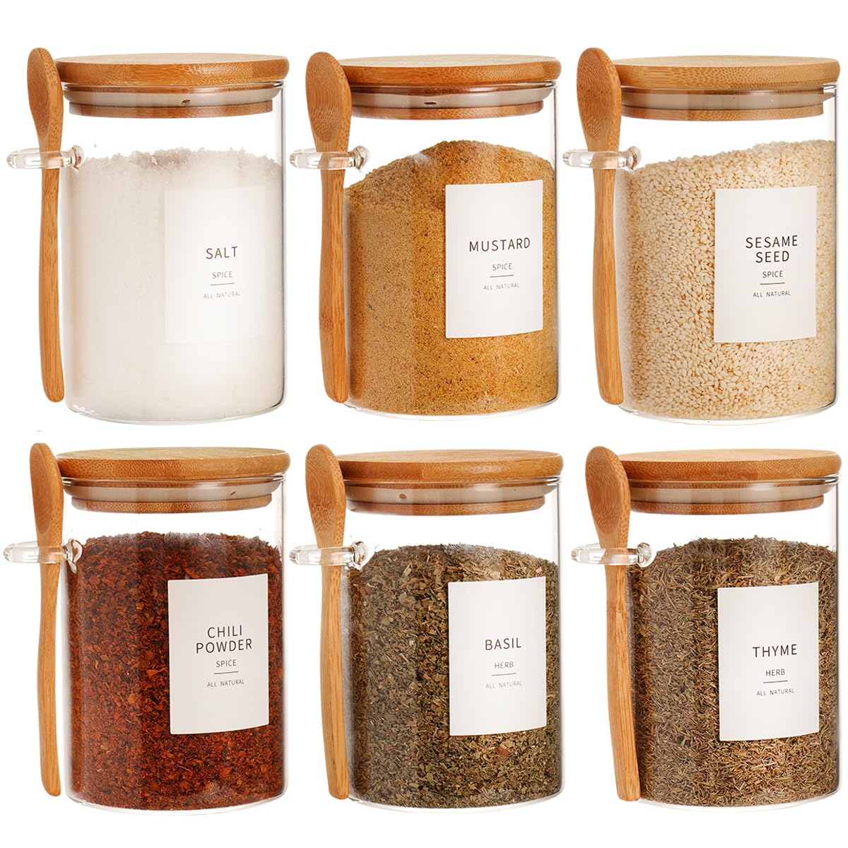 HHMJSM glass jar with bamboo lid and spoon on rustic shelf for pantry use