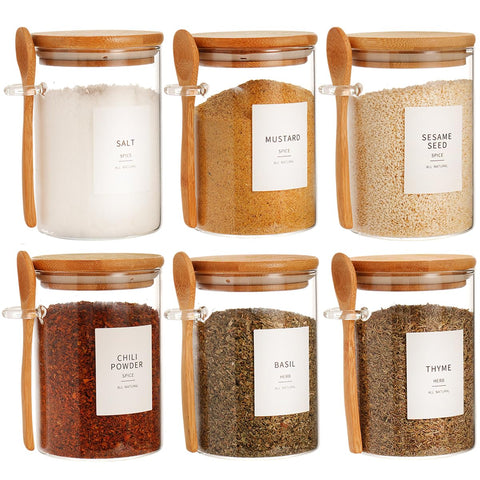 HHMJSM glass jar with bamboo lid and spoon on rustic shelf for pantry use