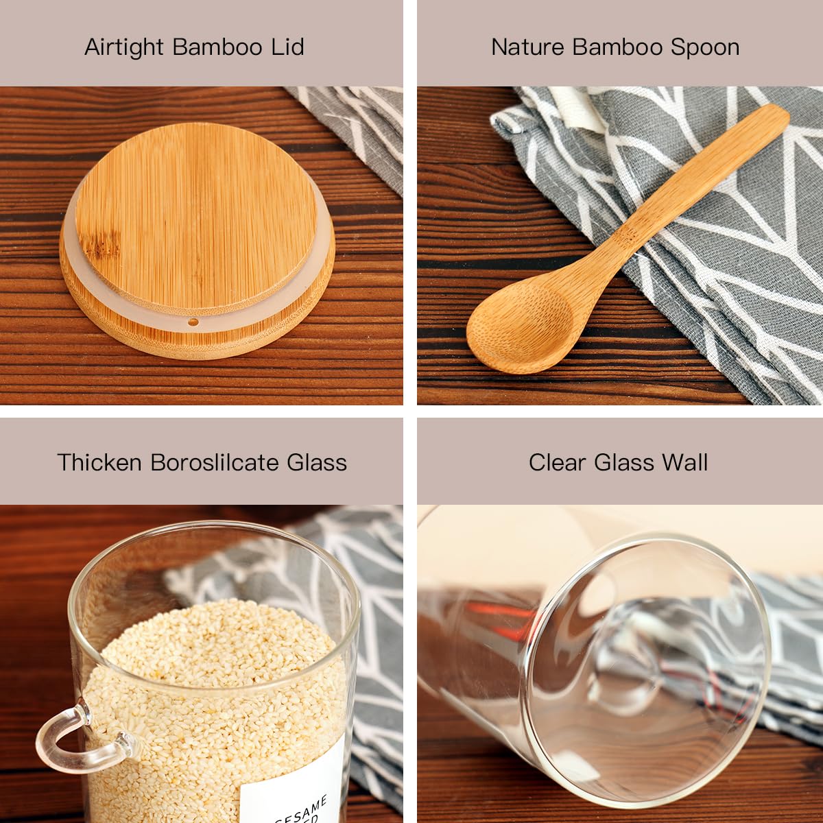 HHMJSM dishwasher-safe glass jars with wooden lids and spoon