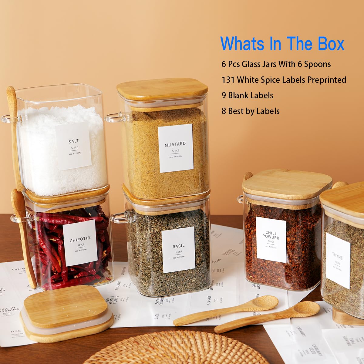HHMJSM preprinted labels help organize coffee, tea, and sugar efficiently.