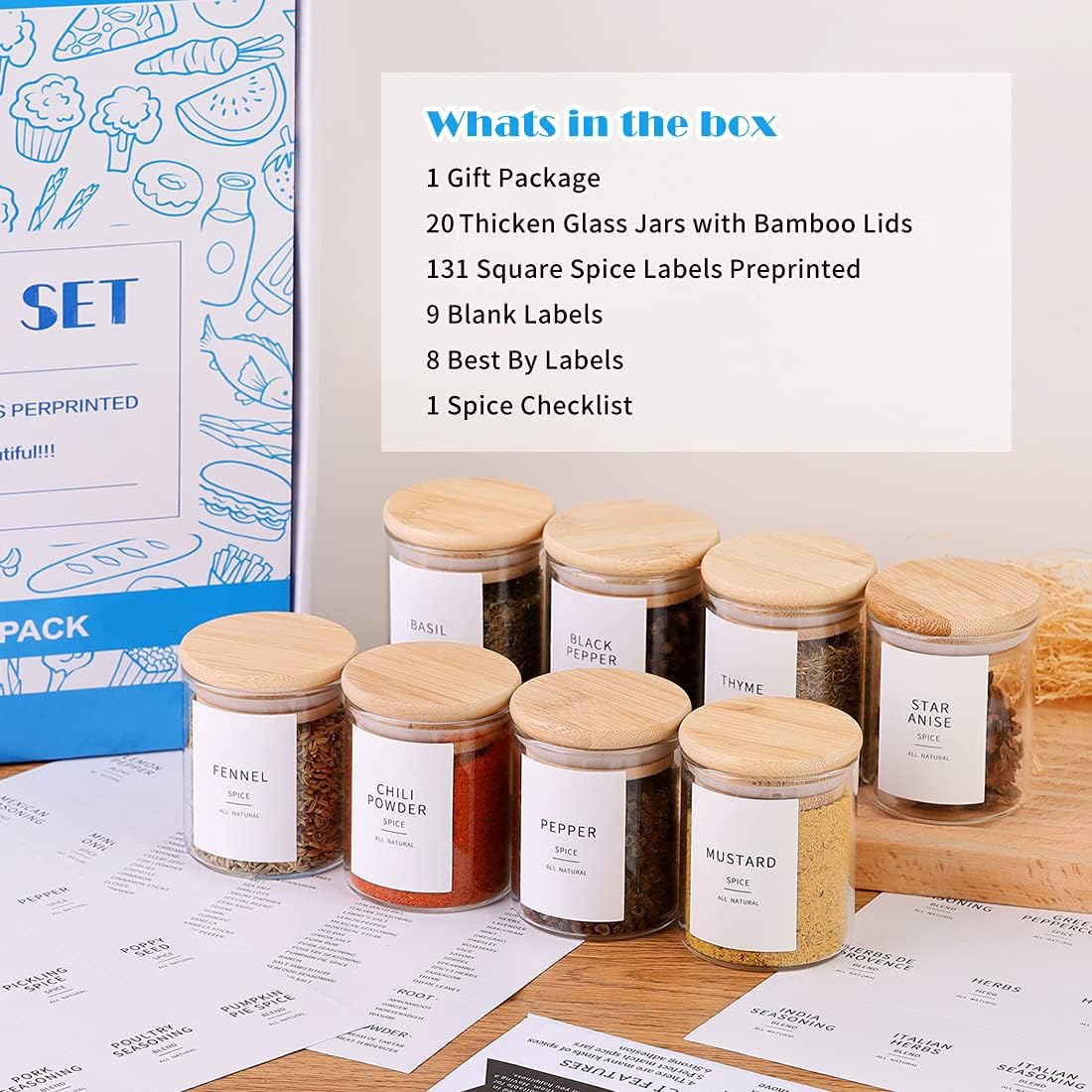 HHMJSM minimalist waterproof labels keep spice names legible and replaceable.