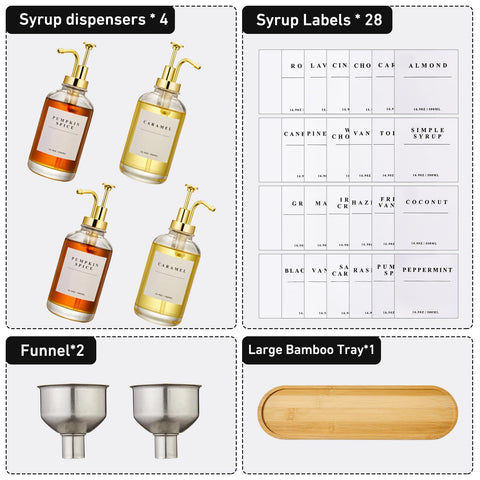 HHSME Coffee Syrup Dispenser Set — 4 Glass Bottles with Gold Pumps, 28 Labels, 2 Funnels, Bamboo Tray