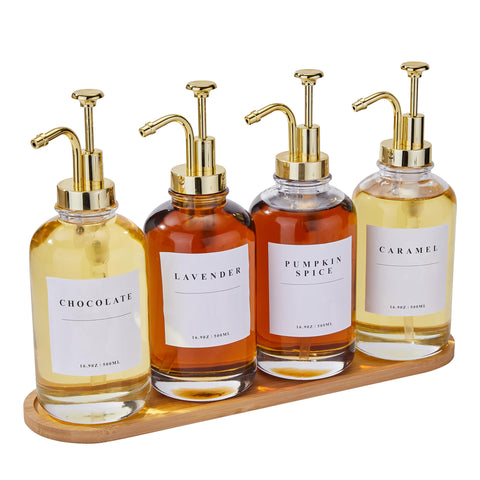HHSME Coffee Syrup Dispenser Set — 4 Glass Bottles with Gold Pumps, 28 Labels, 2 Funnels, Bamboo Tray
