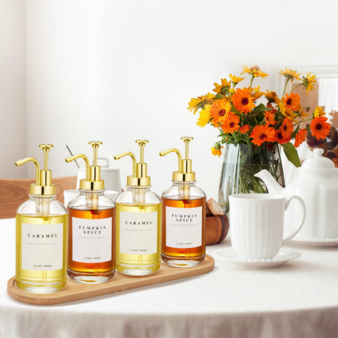HHSME Coffee Syrup Dispenser Set — 4 Glass Bottles with Gold Pumps, 28 Labels, 2 Funnels, Bamboo Tray