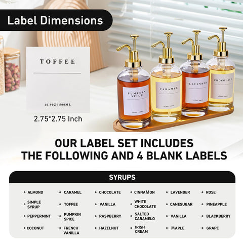HHSME Coffee Syrup Dispenser Set — 4 Glass Bottles with Gold Pumps, 28 Labels, 2 Funnels, Bamboo Tray