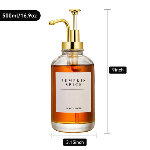 HHSME Coffee Syrup Dispenser Set — 4 Glass Bottles with Gold Pumps, 28 Labels, 2 Funnels, Bamboo Tray