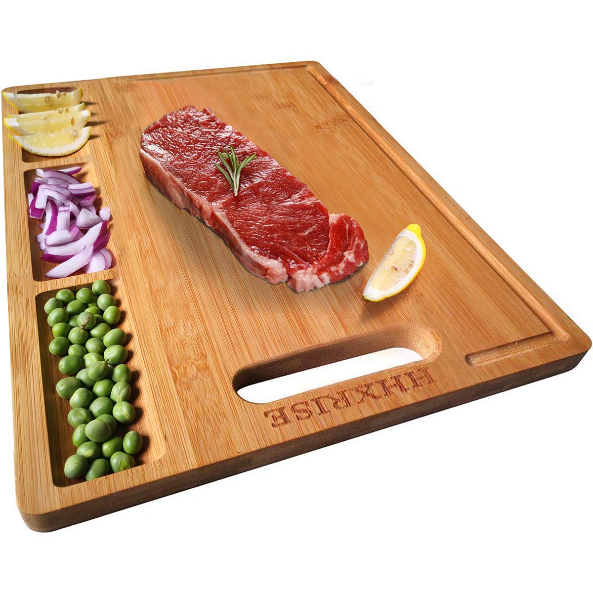HHXRISE bamboo cutting board with built-in compartments for organized prep.