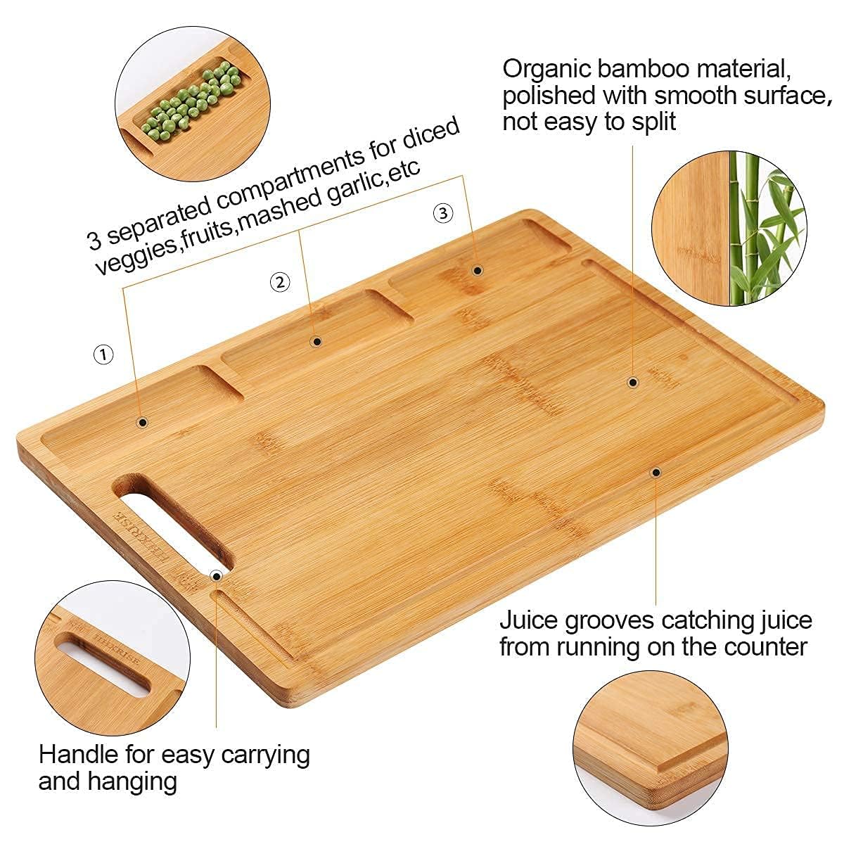HHXRISE cutting board with juice grooves to catch spills and keep counters clean.