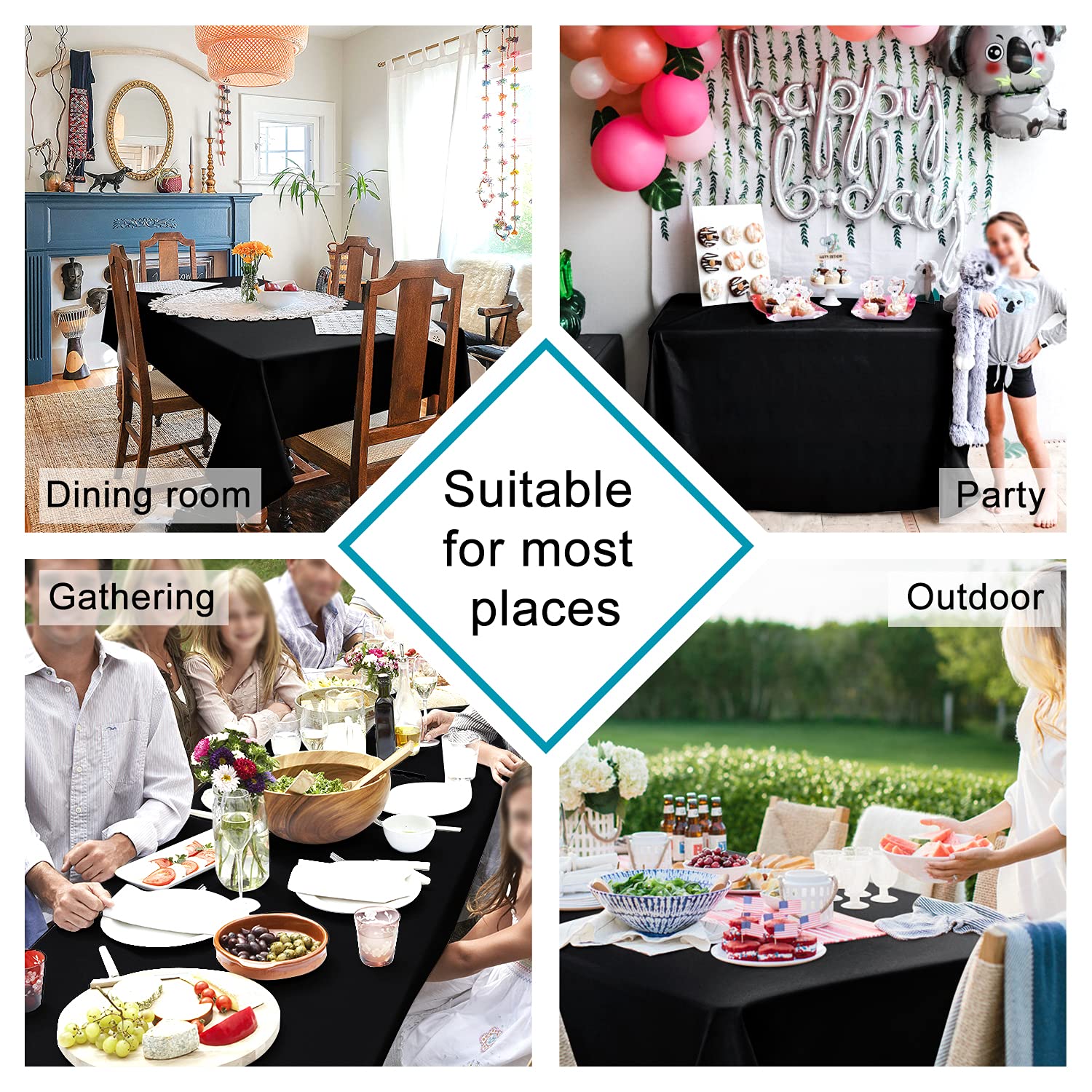 Hiasan black tablecloth 54x54 on dining table for everyday meals.