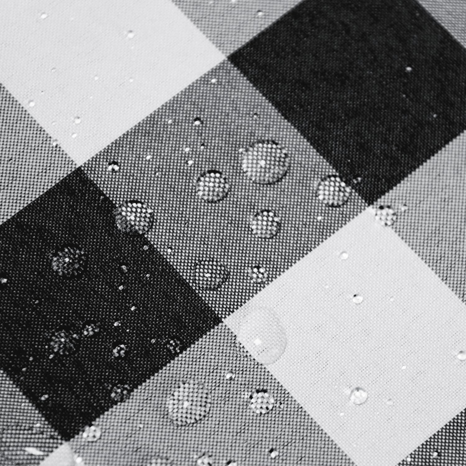 Hiasan checkered tablecloth close-up shows stain-resistant fabric easy cleanup.