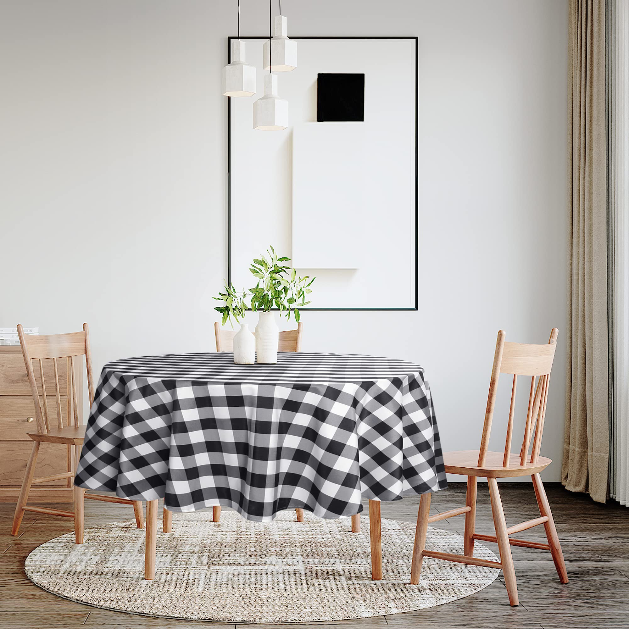 Hiasan round tablecloth outdoors on picnic table, wrinkle-free fabric for sunlit meals.