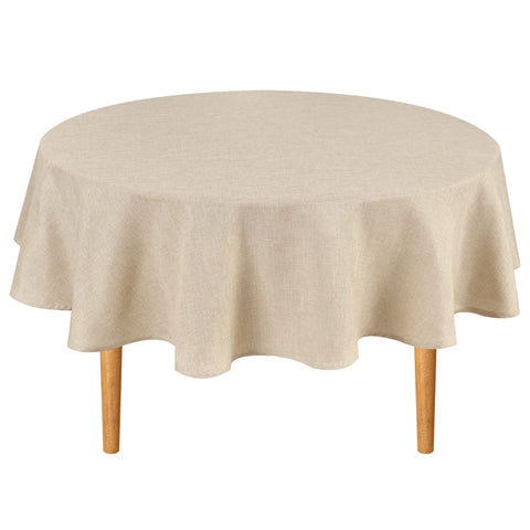 Hiasan round beige tablecloth on dining table; 60-inch fit, elegant and easy to clean.