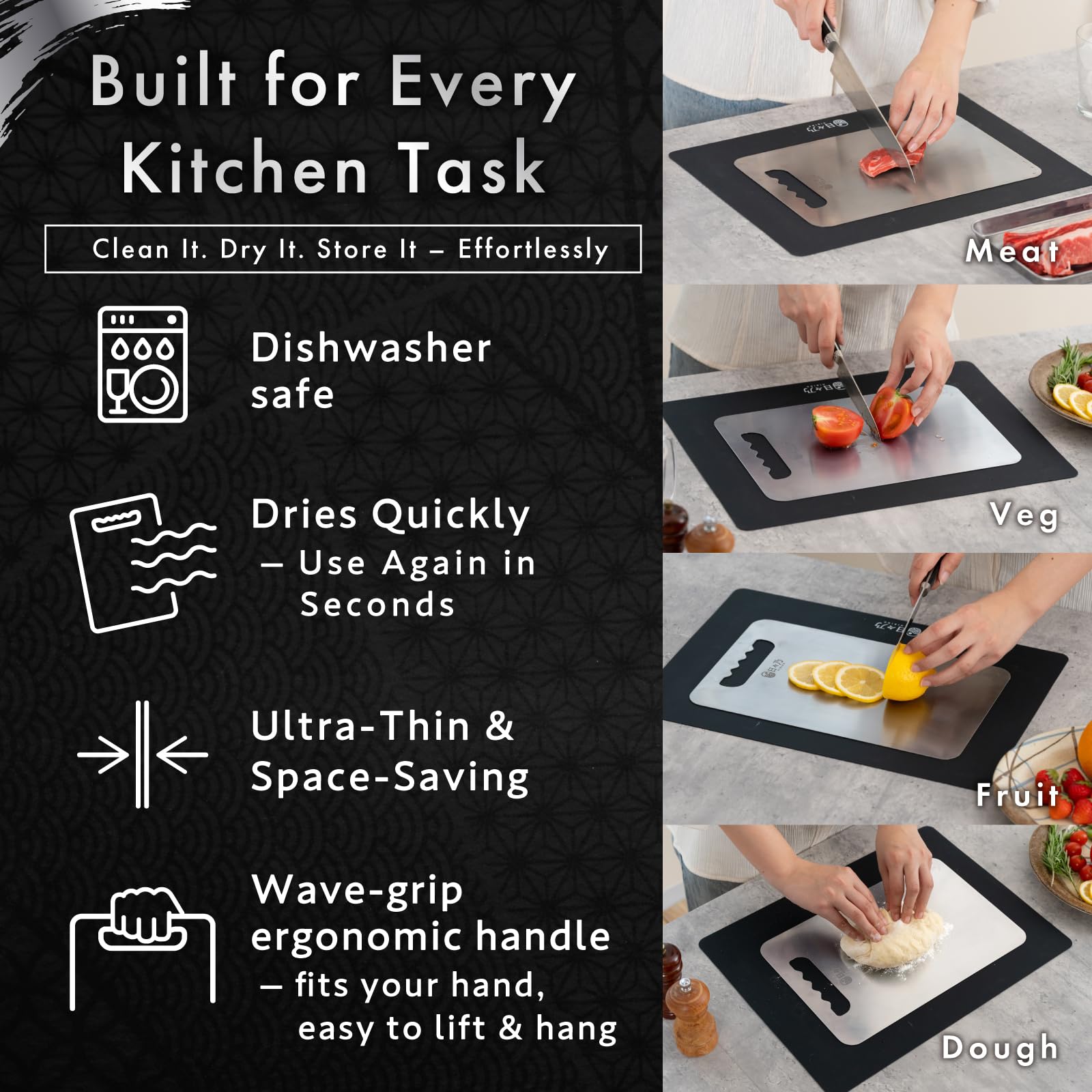 HIBINO 12x8-inch board fits tight counters and quick meal prep.