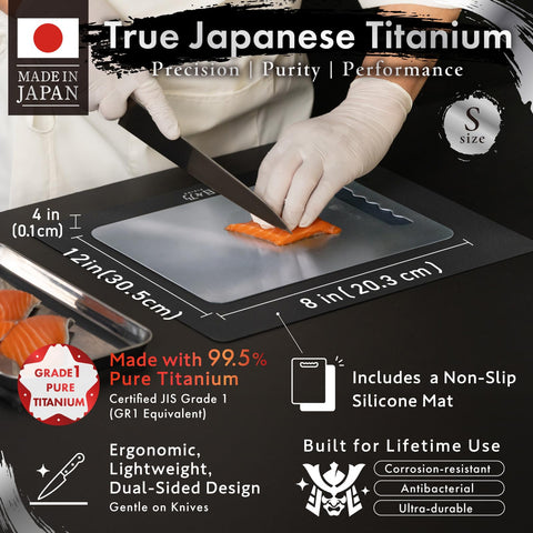 HIBINO titanium cutting board knife-friendly edge protects blades during slicing.