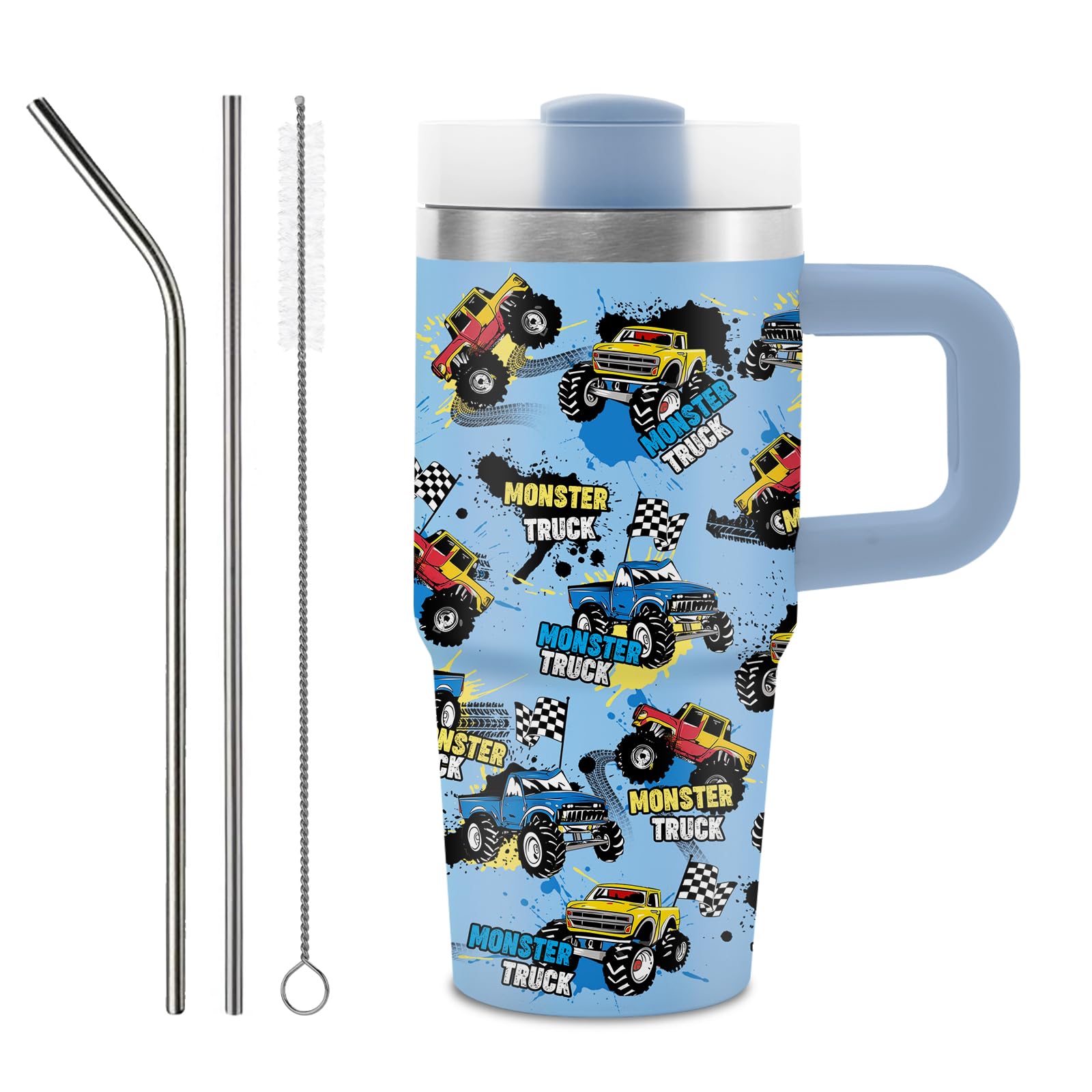 Hiboss Monster Truck Tumbler with handle for kids, easy grip during travel.